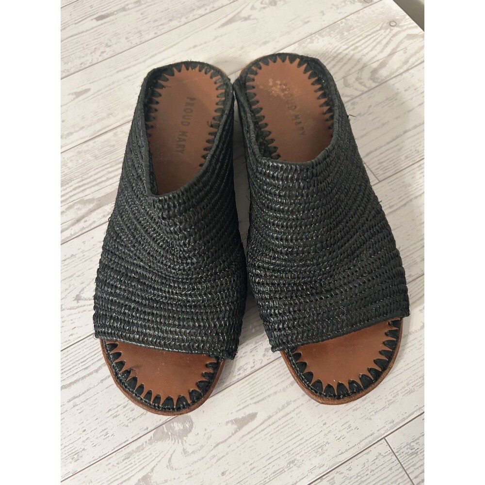 Proud Mary Open Toe Handwoven Radfia And Leather Slides Black Size 38 Or 7 To 7. - Picture 2 of 6